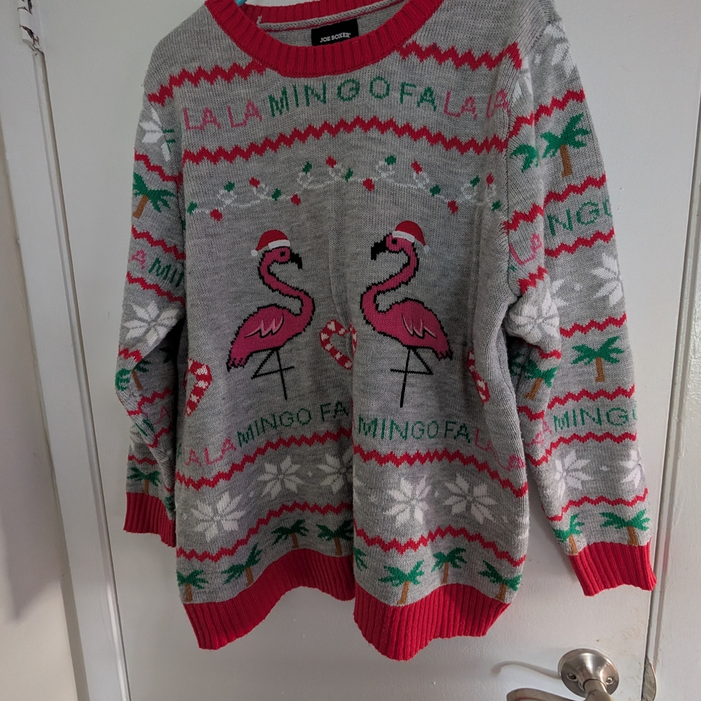Joe Boxer Gray and Pink Flamingo Ugly Christmas Sweater